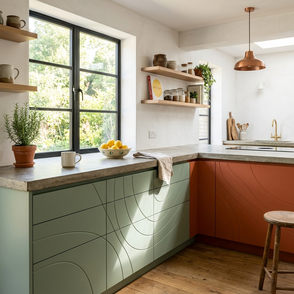 A beautiful lived-in kitchen featuring color-blocked Sage Green and Terracotta Orange Valchromat doors with a continuous organic flowing pattern